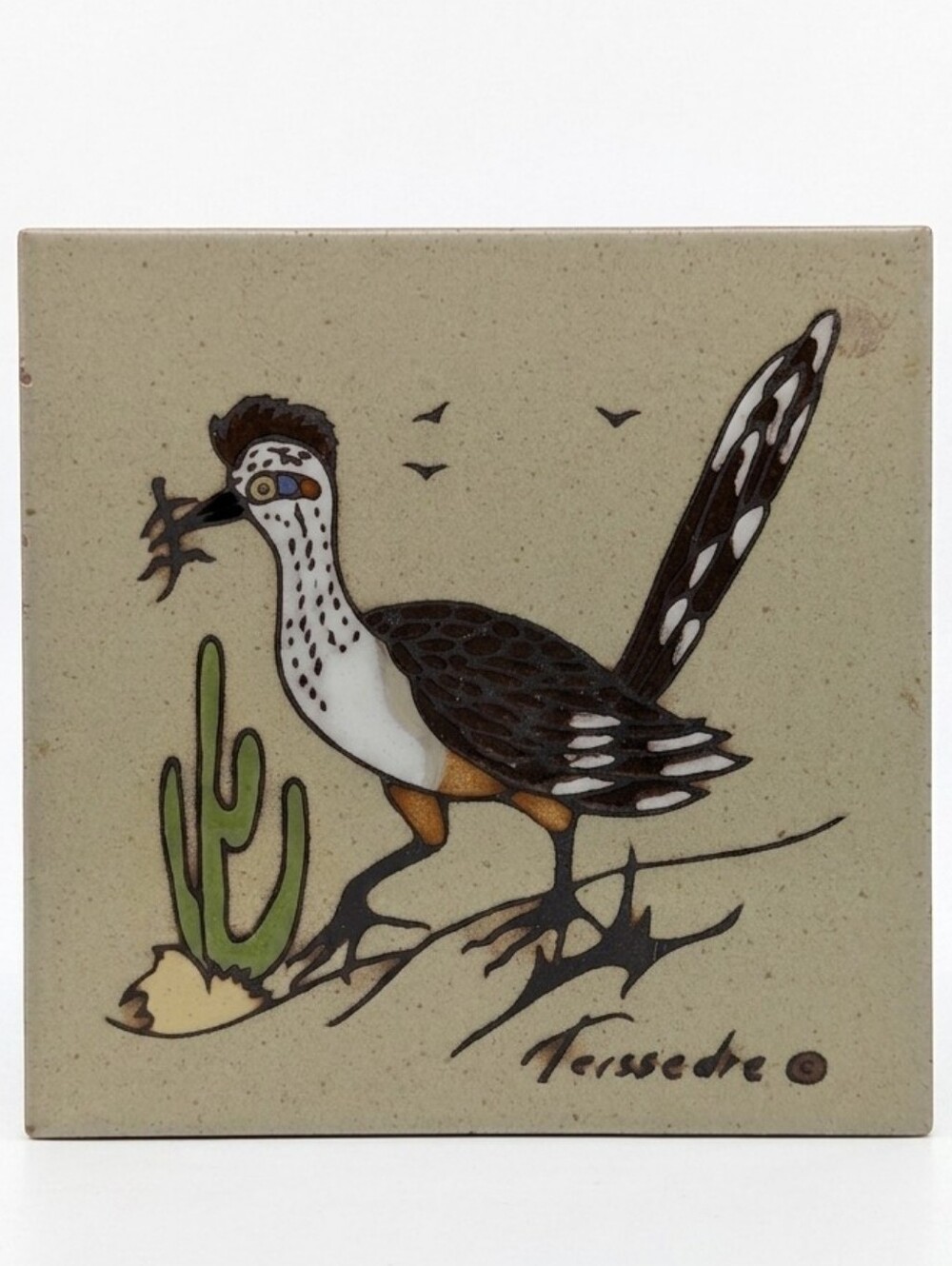 Cleo Teissedre — Hand Painted Ceramic Tile, Roadrunner Desert Wall Art Trivet